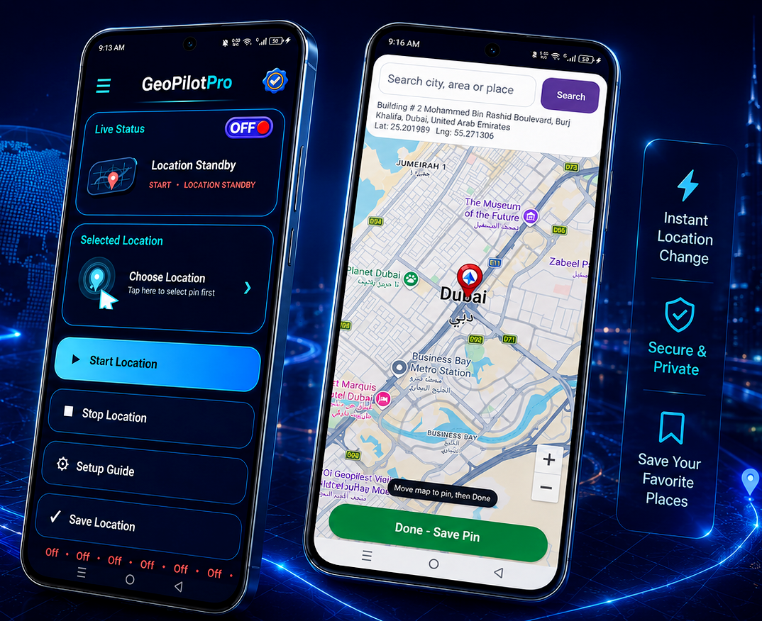 GeoPilot Pro app preview showing the main menu and map location screen